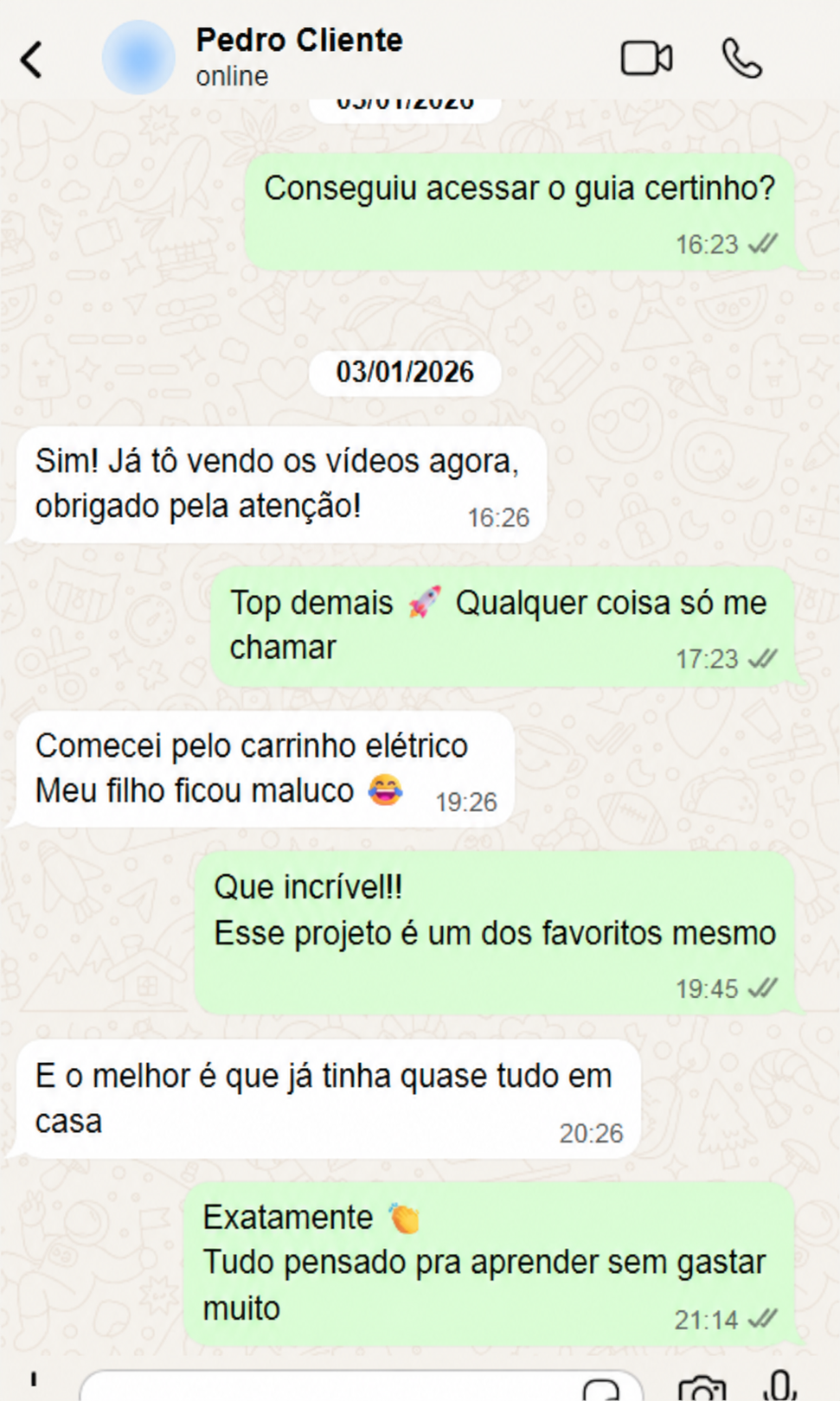 Conversa no WhatsApp com o cliente Pedro montando o carrinho elétrico com o filho